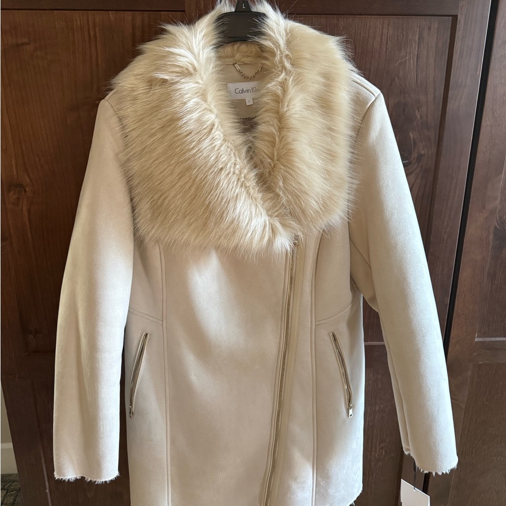 Calvin Klein Plush Faux Shearling Teddy Coat in Beige
